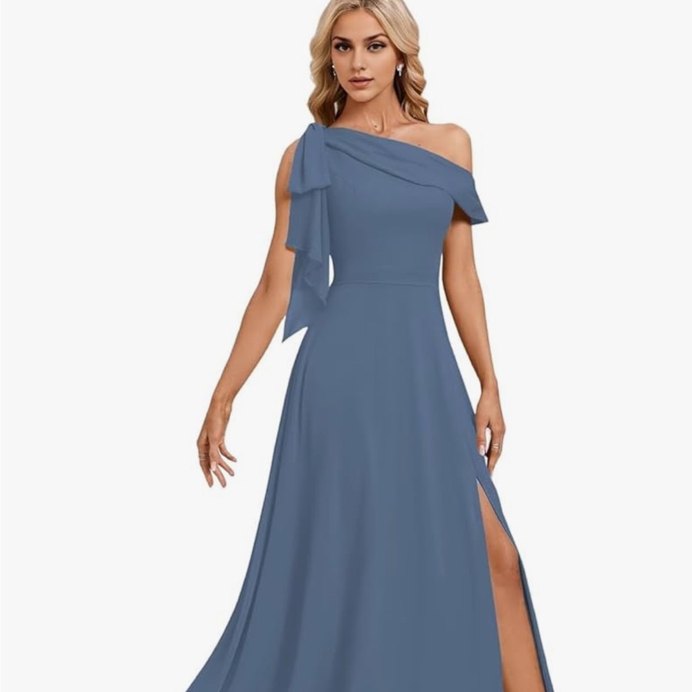 One-Shoulder Bow Dusty Blue Formal Dress